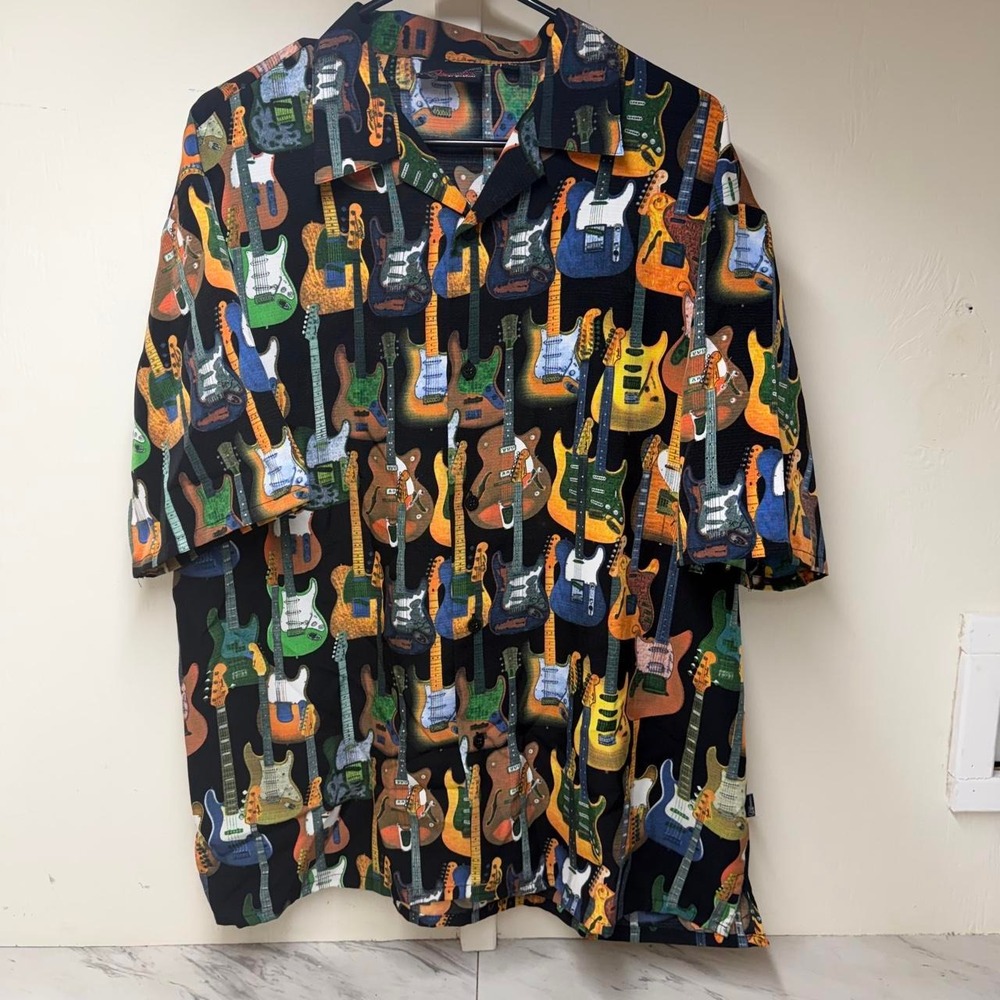 Fender Da Vinci Guitar Print All Over Button-Up Short Sleeve Shirt Men's Large